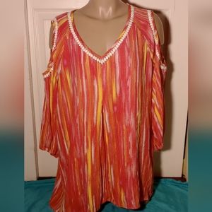 NINA LEONARD PINK,WHITE, AND YELLOW COLD SHOULDER TOP, SIZE 1X